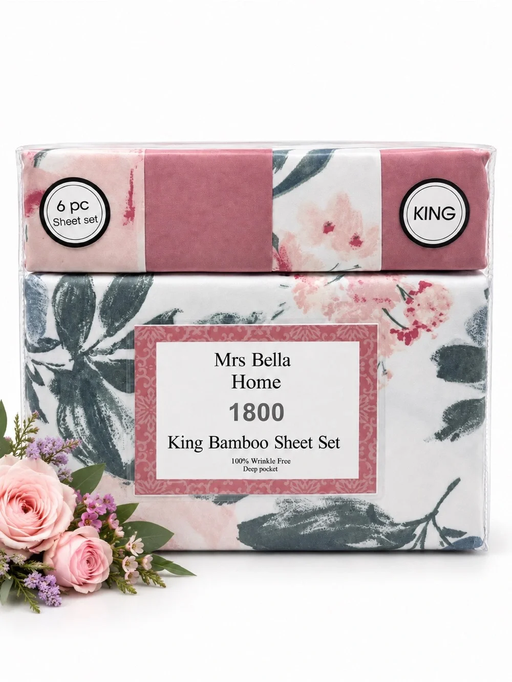 1800 King Bamboo Sheet Set - Pink Floral